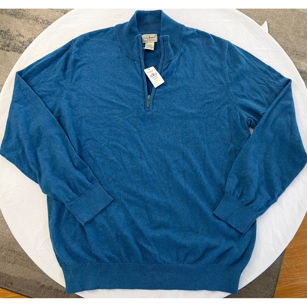 NWT LL Bean Men's Cotton Cashmere Blend 1/4 Zip Navy Blue Sweater Size L